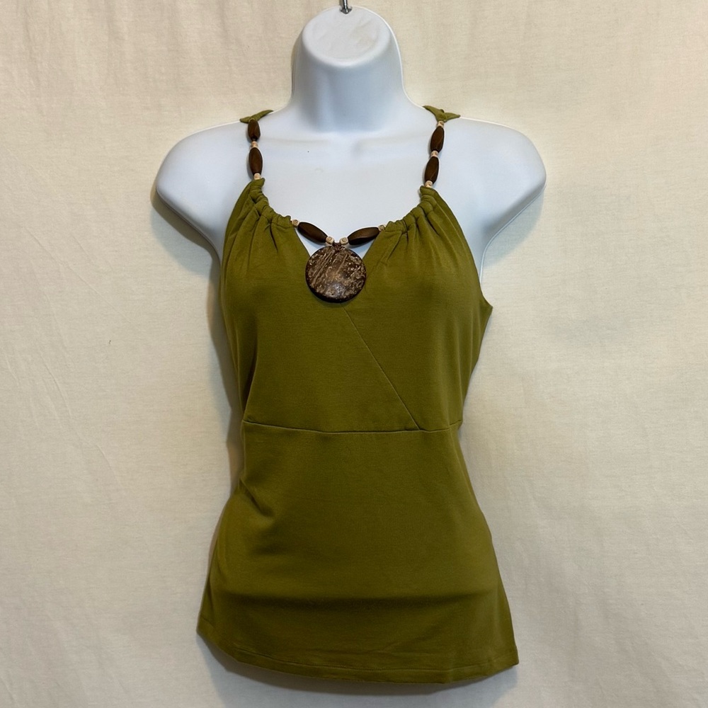 C-290 C’est City Green Beaded Sleeveless Pullover‎ Summer Blouse Size L